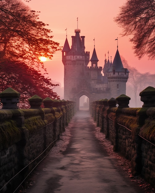 Foto gratuita vista del castillo con niebla y paisaje natural