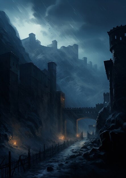 Vista del castillo por la noche con una atmósfera aterradora.