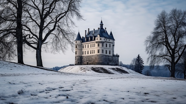 Foto gratuita vista del castillo con paisaje natural invernal