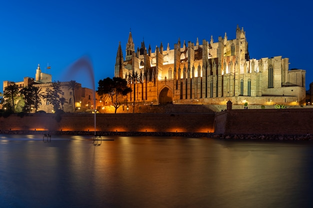 Vista de la catedral de Palma de Mallorca por la noche, España, Europa