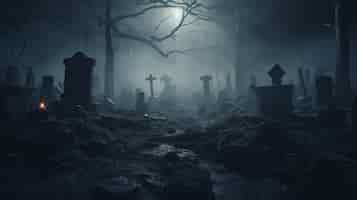 Foto gratuita vista del cementerio aterrador por la noche con luz de luna