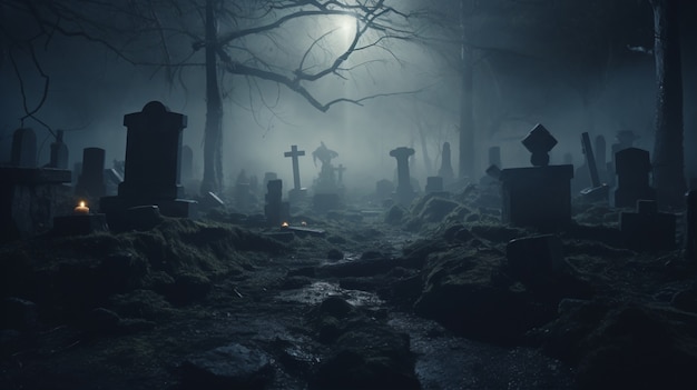 Vista del cementerio aterrador por la noche con luz de luna