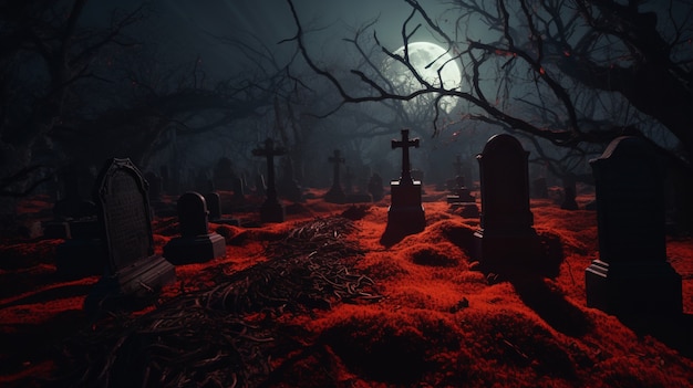 Vista del cementerio aterrador por la noche con luz de luna