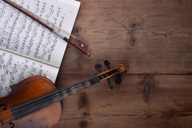 Vista cenital de violín y partitura