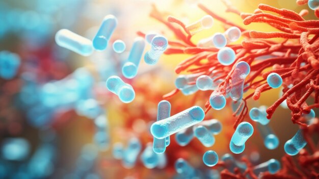 Una vista de cerca de las bacterias microscópicas en un fondo de biología y ciencia