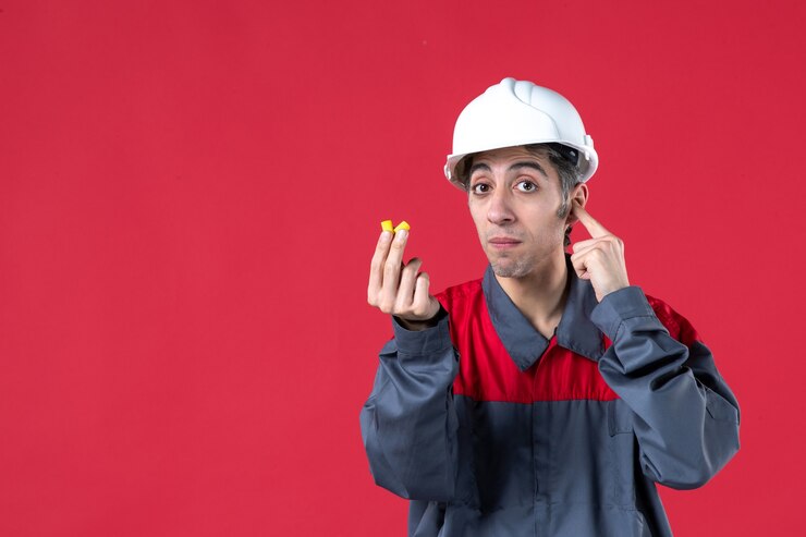 Foto gratuito vista de cerca del joven constructor cansado en uniforme con casco y sosteniendo tapones para los oídos en la pared roja aislada