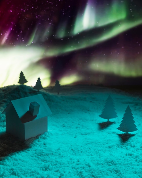 Vista cercana de la casa en la nieve con la aurora boreal