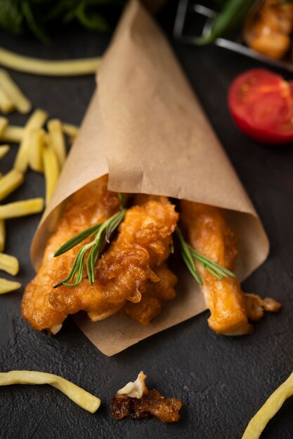 Vista cercana del concepto de pescado y patatas fritas