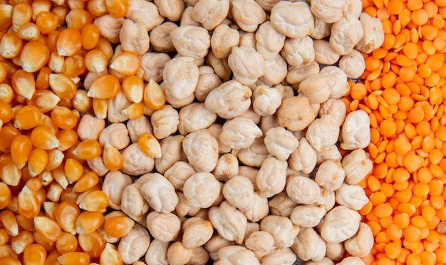 Vista cercana de diferentes tipos de granos de maíz, semillas, garbanzos, lentejas rojas