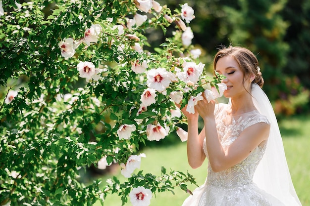 Vista cercana de una linda chica con maquillaje natural y velo en el cabello con un vestido de novia adornado con encaje y cuentas sosteniendo