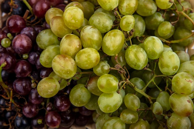 Vista cercana de uvas blancas y negras para usos de fondo