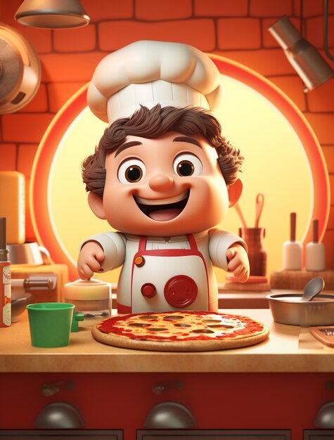 Vista del chef de dibujos animados con una deliciosa pizza en 3D