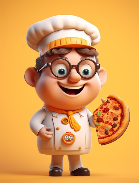 Vista del chef de dibujos animados con una deliciosa pizza en 3D