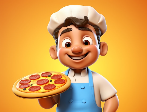 Vista del chef de dibujos animados con una deliciosa pizza en 3D