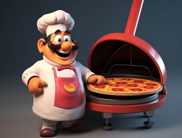 Vista del chef de dibujos animados con una deliciosa pizza en 3D