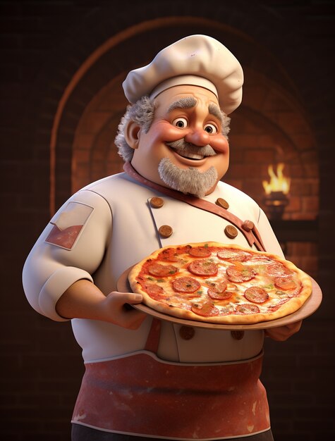 Vista del chef de dibujos animados con una deliciosa pizza en 3D