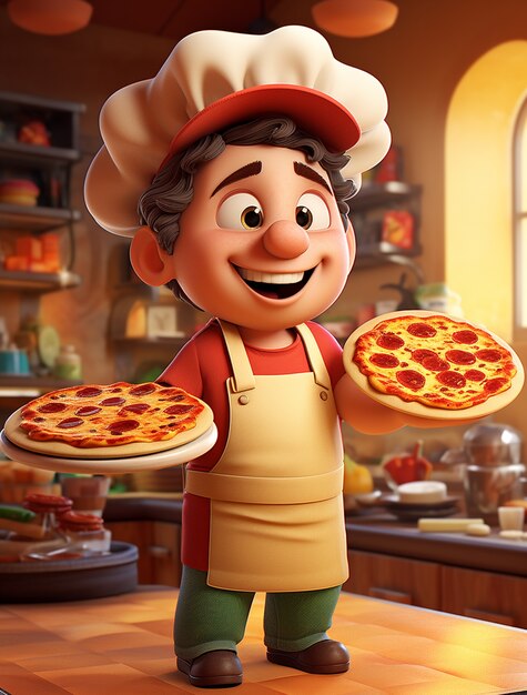 Vista de un chef de dibujos animados con una deliciosa pizza en 3D