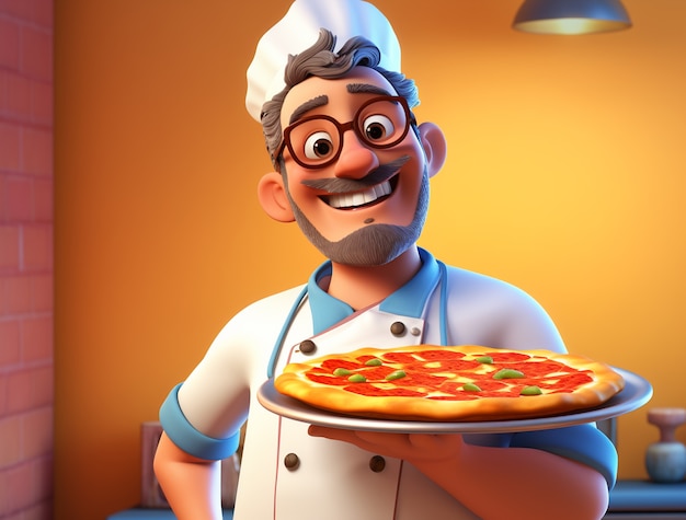 Vista de un chef de dibujos animados con una deliciosa pizza en 3D