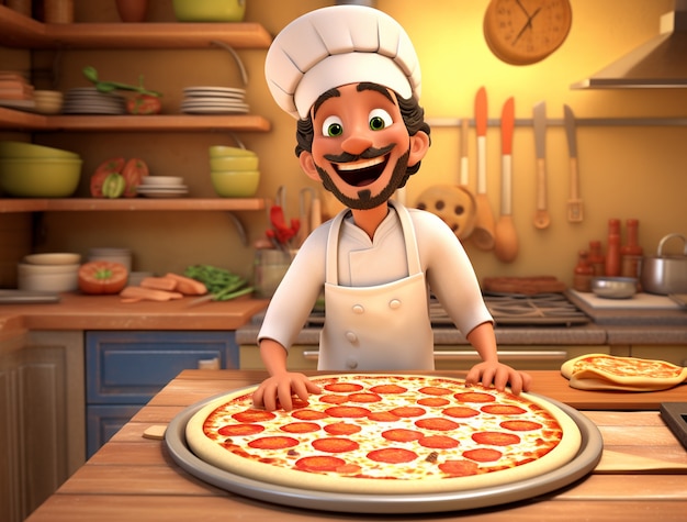 Vista de un chef de dibujos animados con una deliciosa pizza en 3D