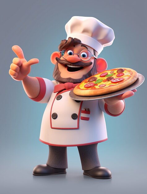 Vista de un chef de dibujos animados con una deliciosa pizza en 3D