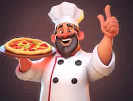 Foto gratuita vista de un chef de dibujos animados con una deliciosa pizza en 3d