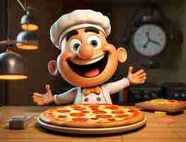 Foto gratuita vista de un chef de dibujos animados con una deliciosa pizza en 3d