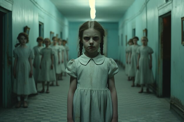Vista de una chica aterradora en el pasillo.