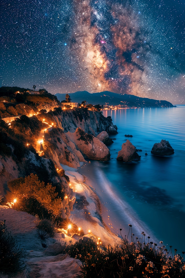 Vista del cielo despejado de estrellas con paisaje natural