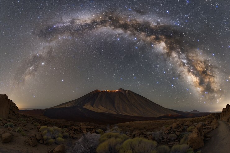 Vista del cielo estrellado nocturno con paisaje de naturaleza y montañas