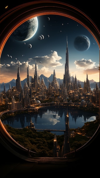 Vista del cielo místico futurista de otro mundo