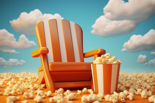 Foto gratuita vista del cine 3d con asientos con cielo y palomitas de maíz