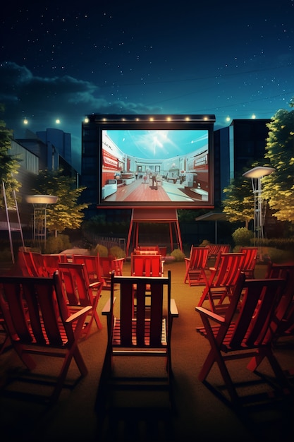Vista del cine al aire libre en 3D con asientos.