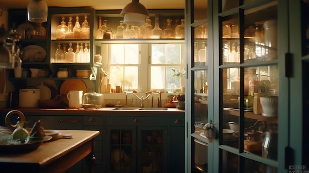 Foto gratuita vista cinematográfica de una pequeña cocina con armarios de puertas de vidrio