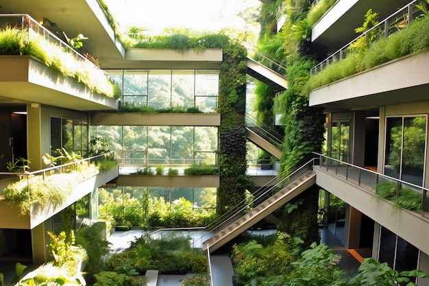 Vista de la ciudad con edificios de apartamentos y vegetación verde.