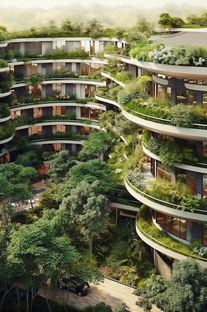 Vista de la ciudad con edificios de apartamentos y vegetación verde.