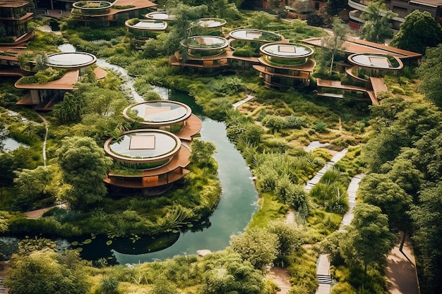 Vista de la ciudad con edificios de apartamentos y vegetación verde.