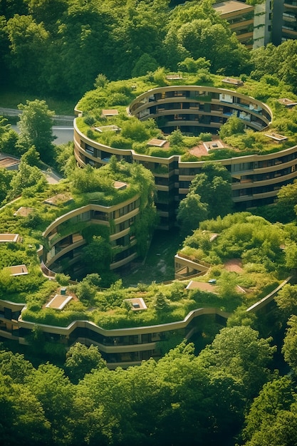 Vista de la ciudad con edificios de apartamentos y vegetación verde.