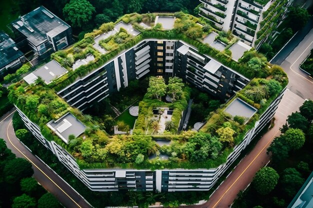 Vista de la ciudad con edificios de apartamentos y vegetación verde.