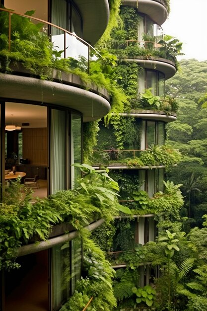 Vista de la ciudad con edificios de apartamentos y vegetación verde.