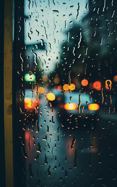 Vista de la ciudad con efecto de gotas de agua.