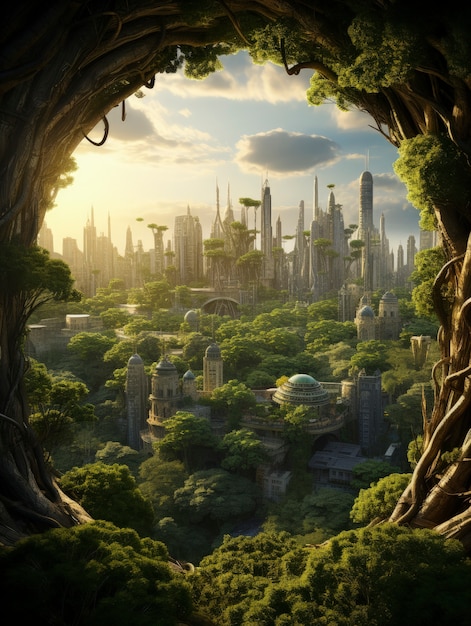Vista de la ciudad futurista con mucha vegetación y verdor.