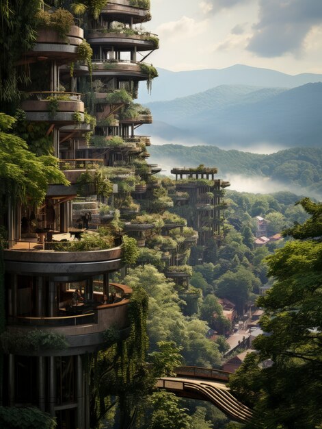 Vista de la ciudad futurista con mucha vegetación y verdor.