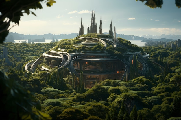 Vista de la ciudad futurista con mucha vegetación y verdor.