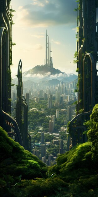 Vista de la ciudad futurista con mucha vegetación y verdor.