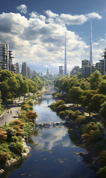 Vista de la ciudad futurista con vegetación y vegetación.