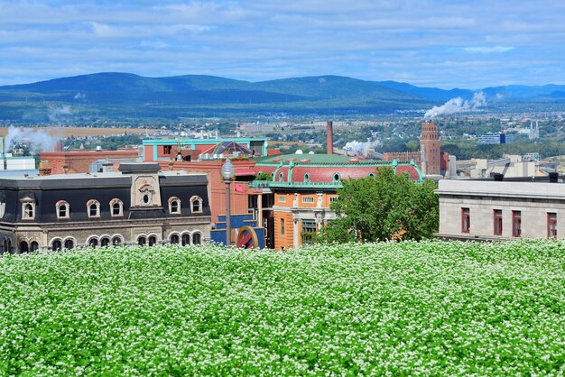 Vista de la ciudad de Quebec en el día con césped verde y edificios urbanos