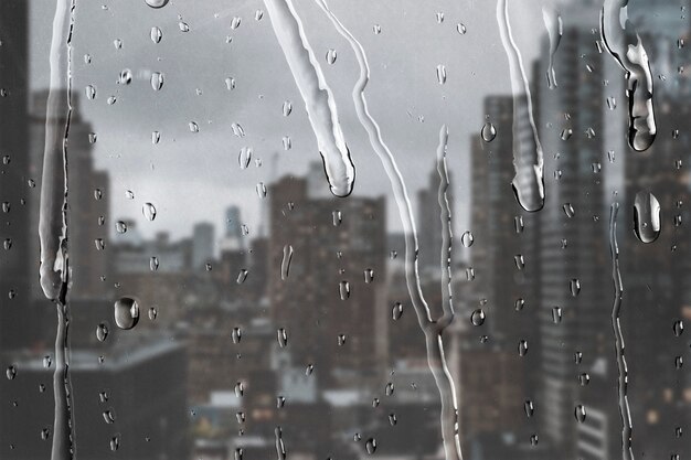 Vista de la ciudad a través de la ventana con gotas de lluvia