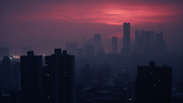 Vista de la ciudad urbana oscura con niebla