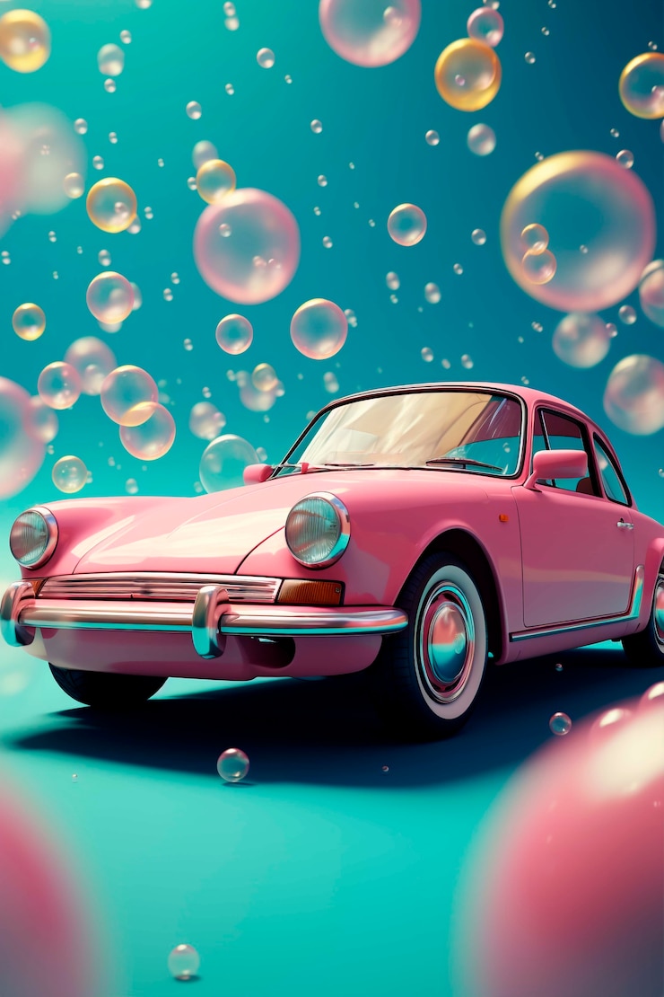 Foto gratuito vista de un coche 3d con burbujas