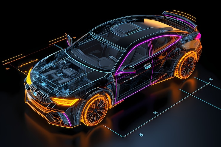 Foto gratuito vista de un coche 3d con efecto de boceto